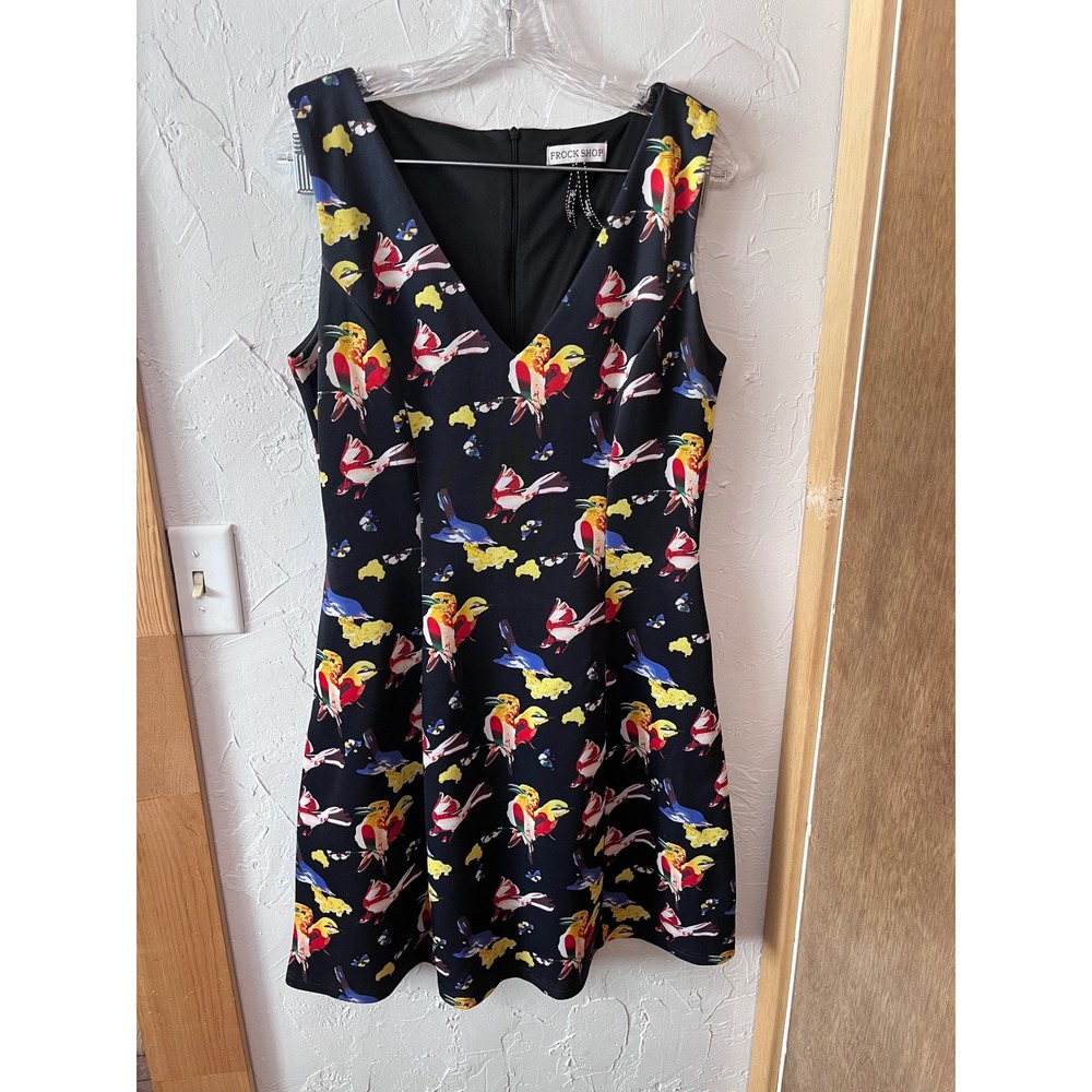 Frock Shop‎ Black Tropical Bird Print Fit & Flare V-Neck Pocket Dress Womens M